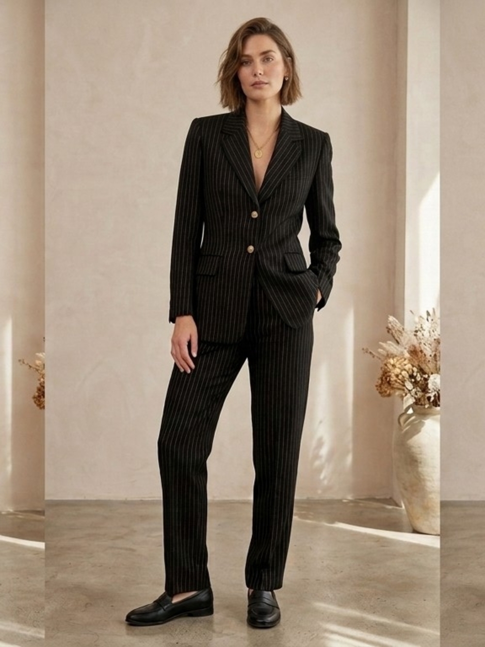 VTG Escada Pinstripe Suit Set Virgin Wool Blazer 42 Pants 44 Black Bronze 10 12